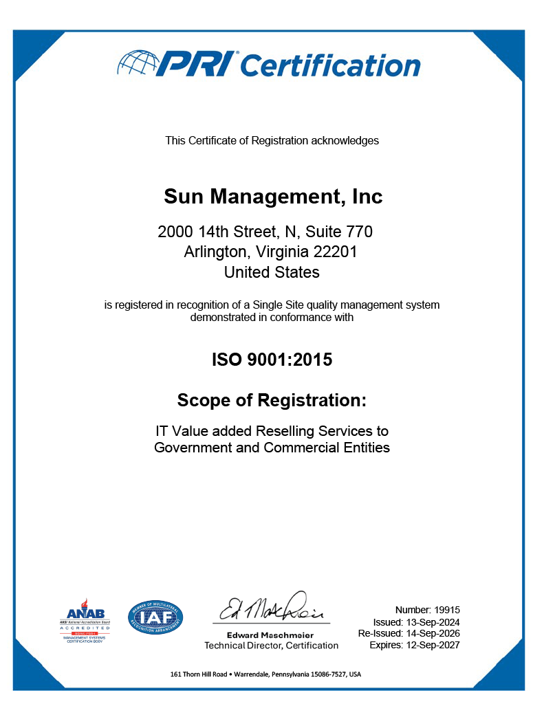 ISO 9001:2015 certificate of registration issued to Sun Management, Inc. by PRI Certification, valid through 12-Sep-2027
